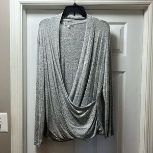 grey open front cross sweater